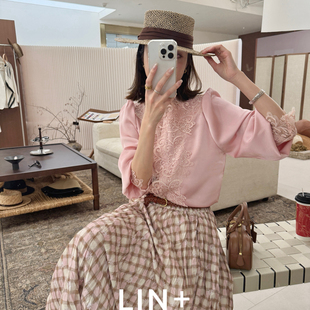 058 风情气质小女人小衫 LIN 绝美缎面复古浪漫定染蕾丝钩花意式