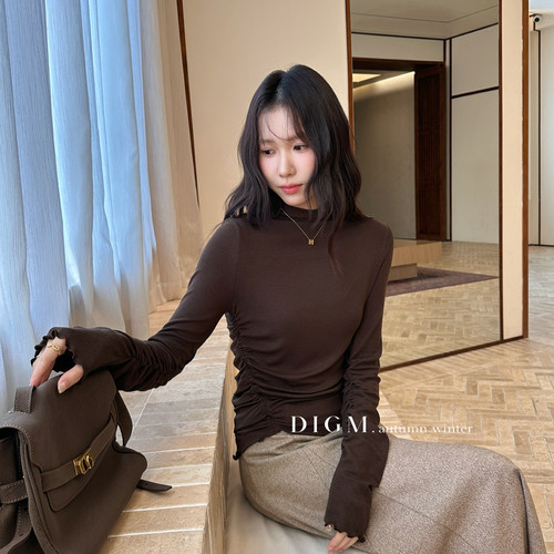 DIGM-色半高领侧边抽褶设计收腰显瘦打底针织衫(含9羊毛)DB02028