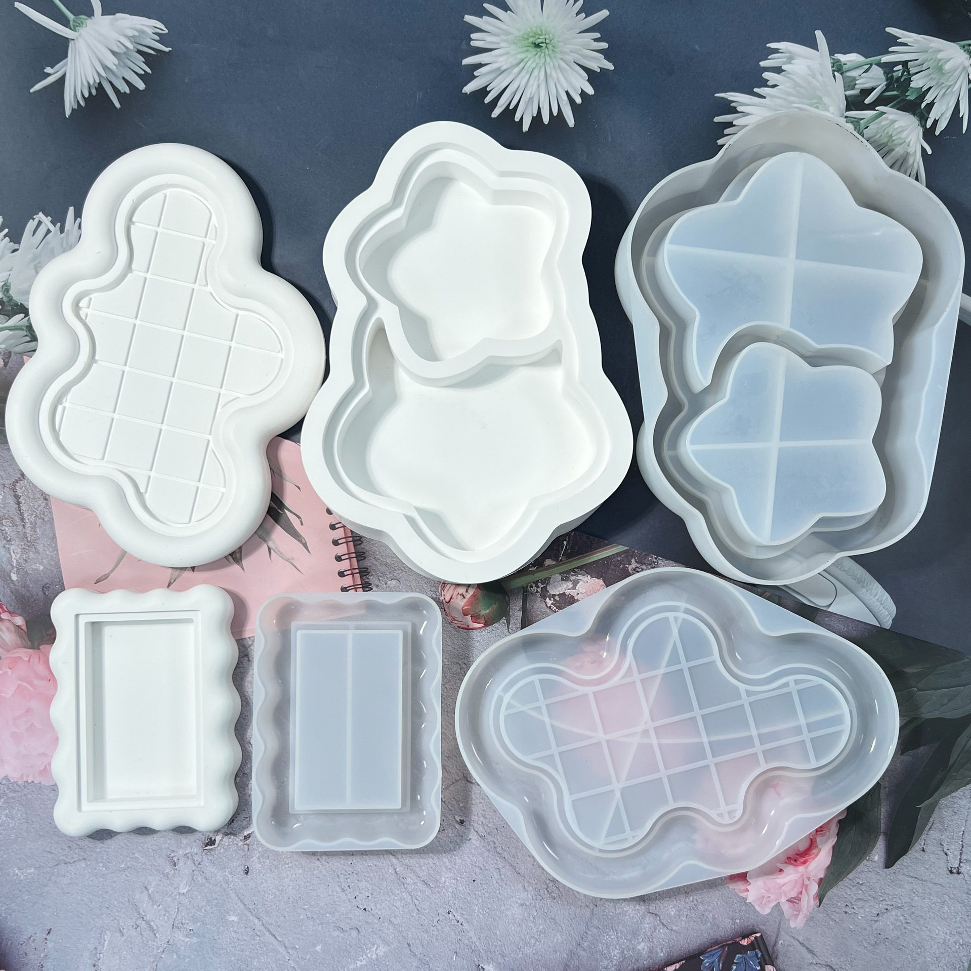 跨境新品 加大五角星云朵流沙托盘滴胶模具diy石头纹流沙硅胶模具