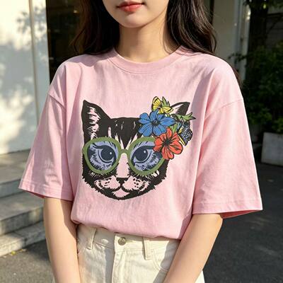 日系贵牌SCO*LAR元单卡通猫咪印花宽松T恤女文艺甜美短袖圆领上衣