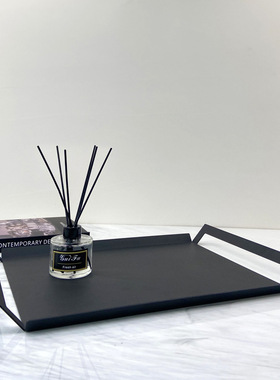 简约现代黑色金属磨砂几何方形托盘 样板房桌面收纳装饰摆件