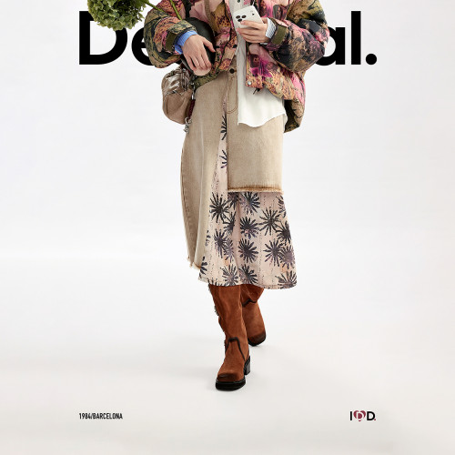 Desigual26秋冬新品雏菊印花拼接不对称女式牛仔半身裙