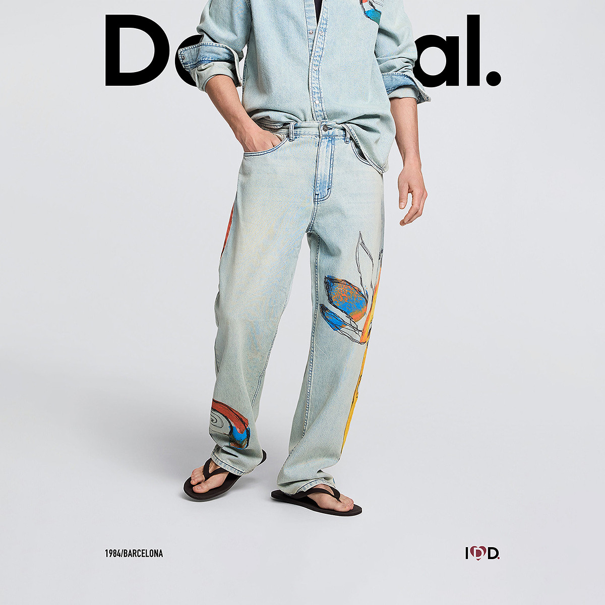 Desigual26秋冬新品水洗做旧手绘涡纹涂鸦花卉印花男式牛仔裤
