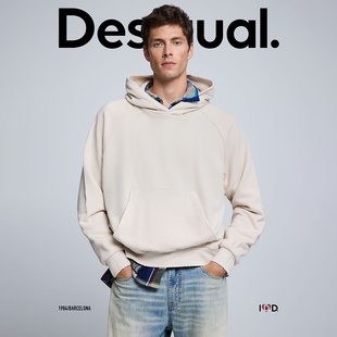 Desigual26秋冬新品宽松浅燕麦色插肩袖连帽男式卫衣卫衣