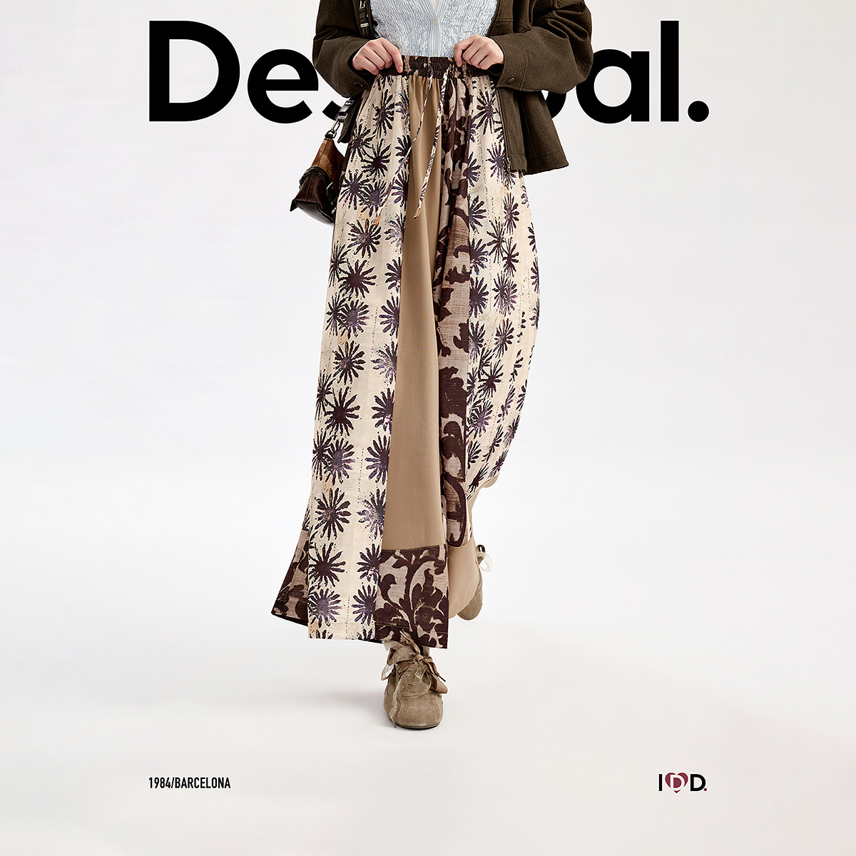 Desigual26秋冬新品宽松复古藤蔓雏菊印花拼接橡筋腰女式休闲裙裤