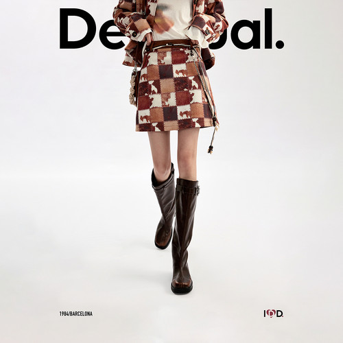 Desigual26秋冬新品动物纹拼接印花腰绳装饰A字型短款女式半身裙