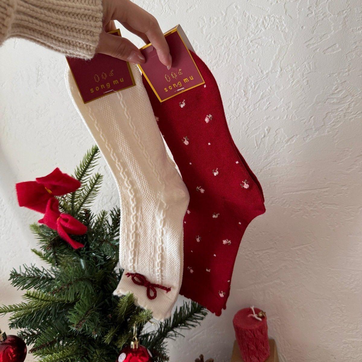 新年红色甜美碎花羊毛袜秋冬新款韩系麻花中筒袜加厚保暖堆堆袜