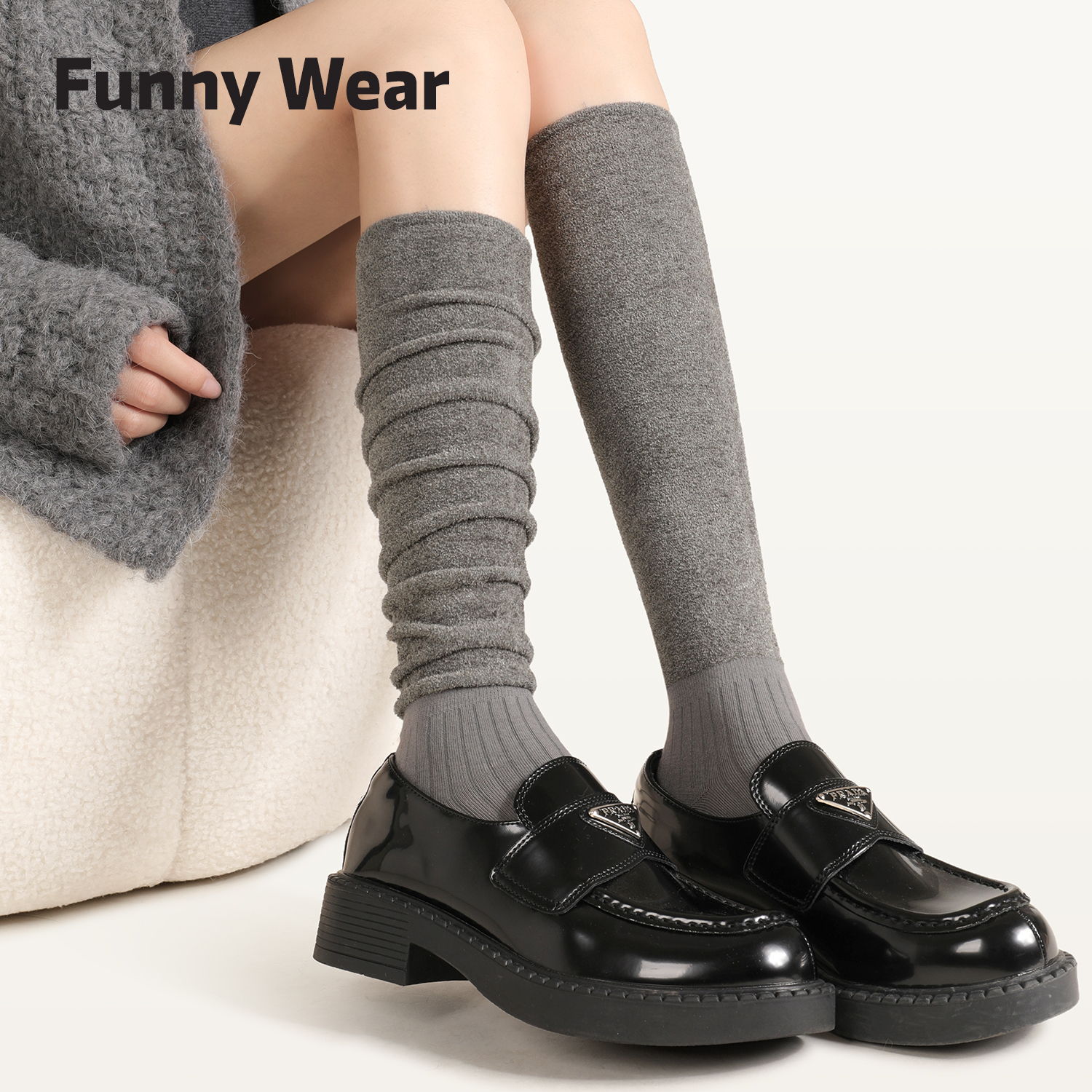 堆堆袜子女款秋冬灰色小腿袜加厚显瘦长筒袜配靴子冬季白色长袜子