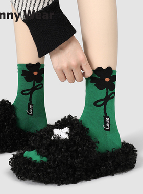 袜子女款秋冬季中筒袜ins潮薄款网红款长袜小花朵棋盘格黑色棉袜