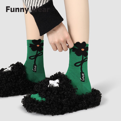 秋冬袜子女中筒袜立体花朵棉袜