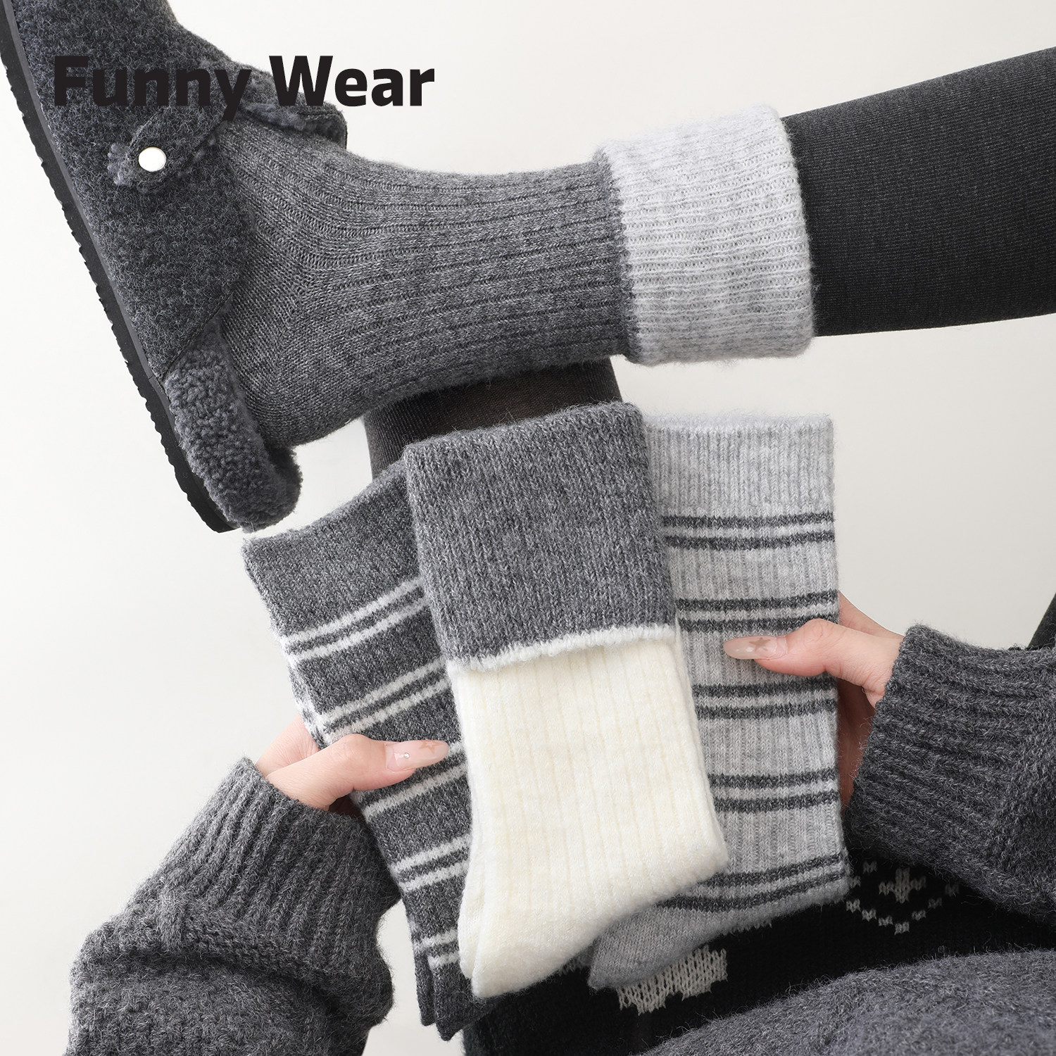 羊毛袜子女冬季保暖加厚中筒袜miu系条纹灰色堆堆袜配勃肯鞋长袜,女士内衣/男士内衣/家居服,中筒袜,淘宝优惠券,粉丝福利购,淘宝优惠卷