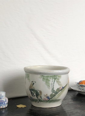 孤品 民国手绘釉下五彩卷缸文房摆件陶瓷小缸书房春风杨柳马缸