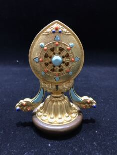 智悲佛缘 纯铜金轮宝  供具镶宝石法轮摆件高约11cm密宗法器