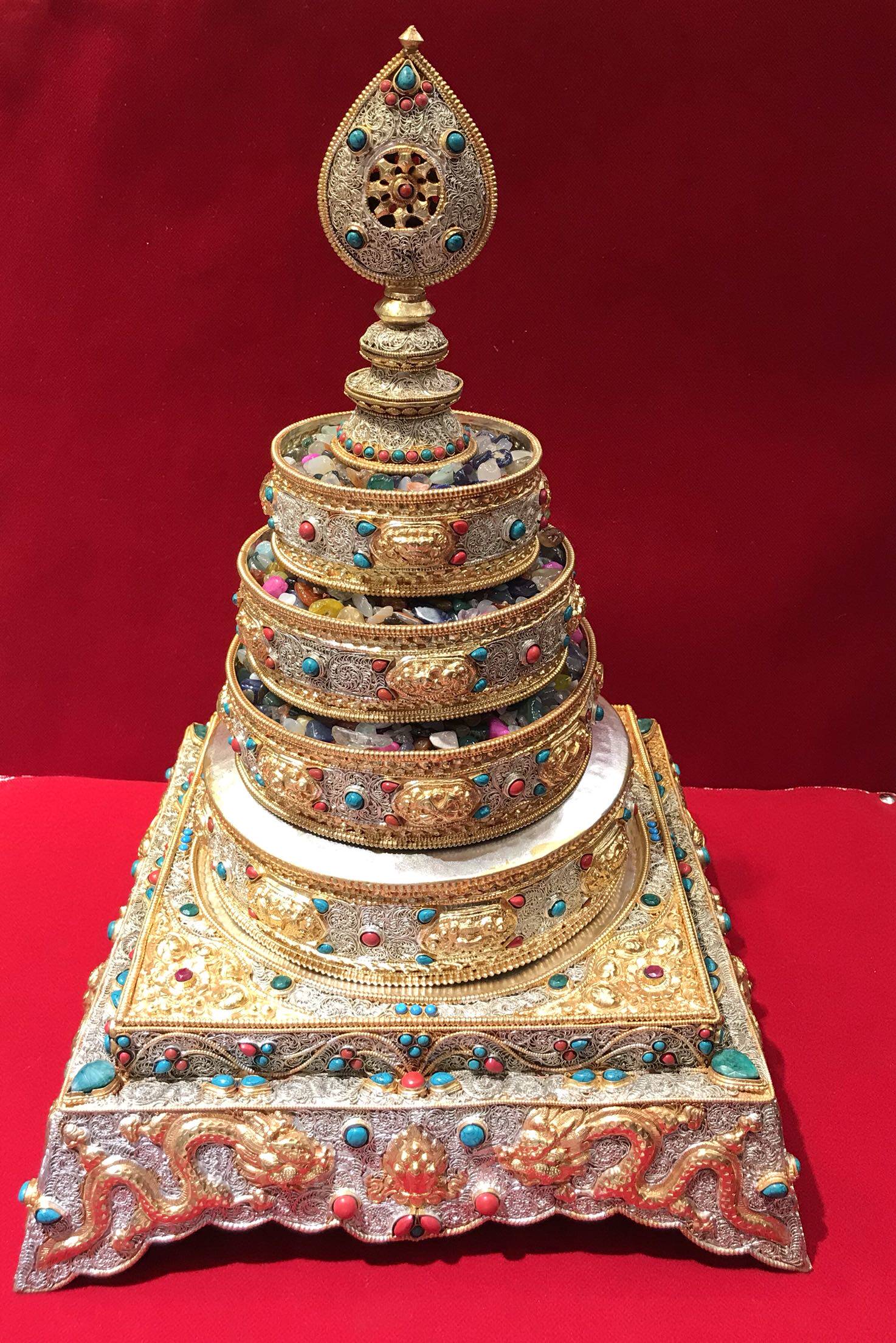 尼泊尔白铜鎏金掐丝镶嵌宝石曼扎盘20 曼达盘 曼茶罗厘米密宗法器