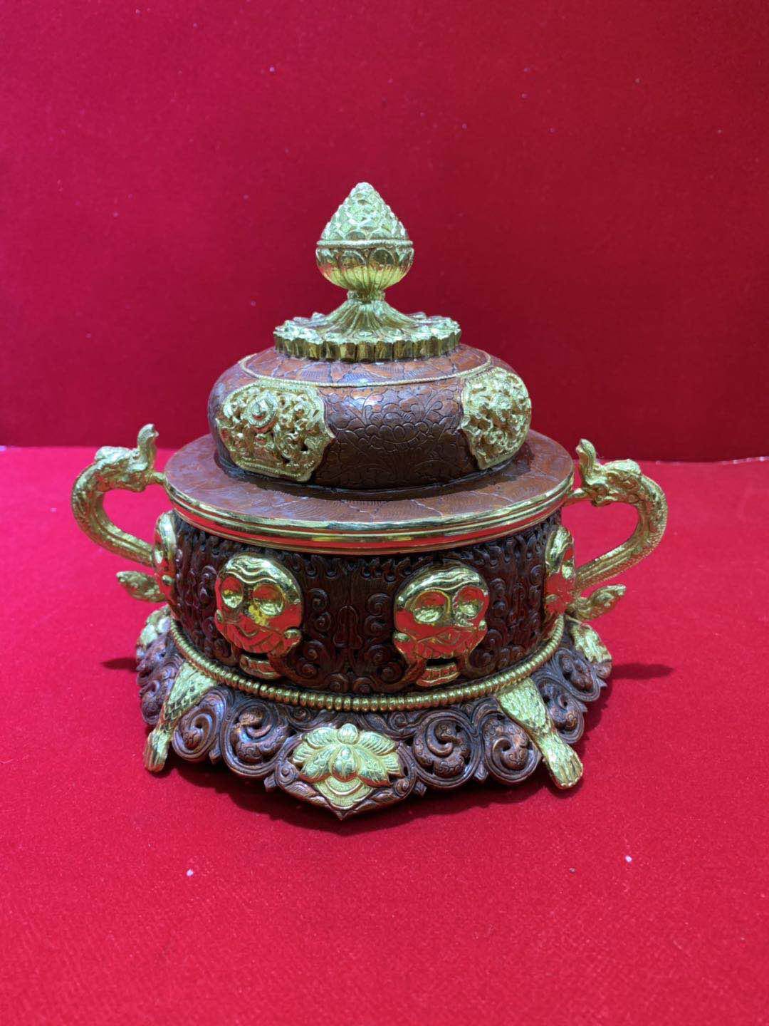 智悲佛缘 尼泊尔手工紫铜鎏金香炉14厘米 盘香炉 室内焚香