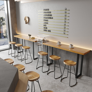 简约实木吧台高脚桌靠墙窗长条桌阳台奶茶饮料店酒吧桌椅组合北欧