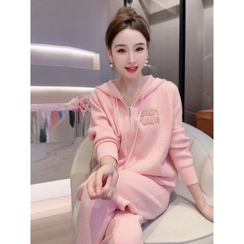 欧货漂亮休闲运动套装女春装2024新款洋气显瘦粉色连帽卫衣两件套