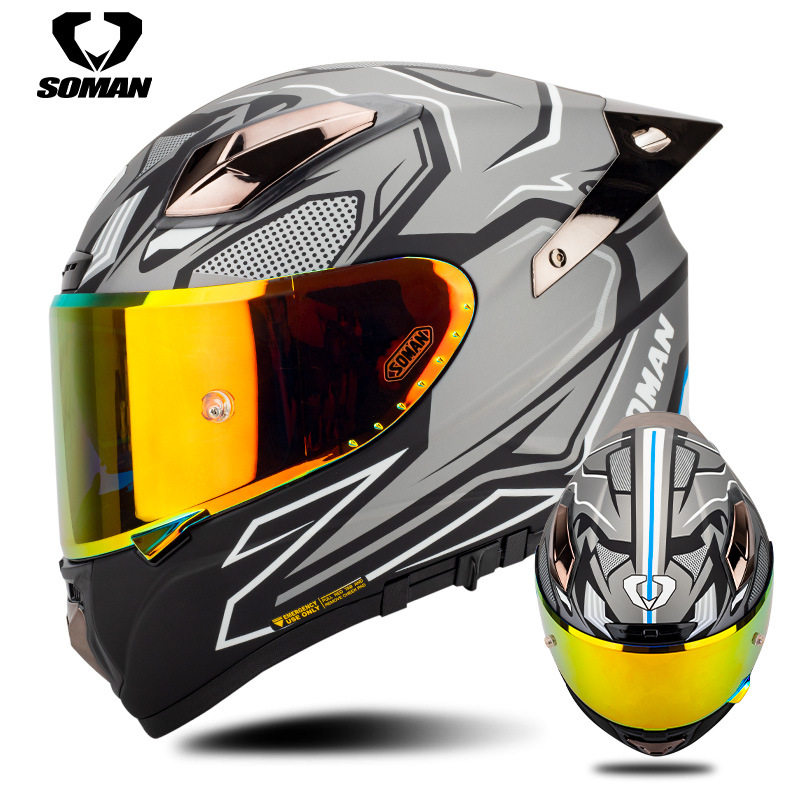 soman摩托车头盔男女双镜片赛机车玻璃钢全盔3c认证四季大尾翼