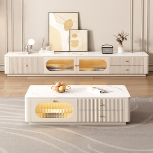 奶油风电视柜茶几组合简约现代法式实木奶白色电视机柜落地柜边柜