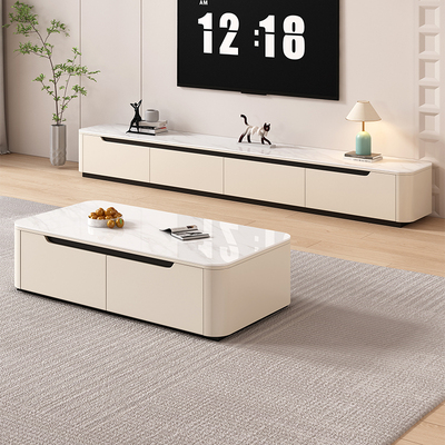 岩板电视柜茶几组合客厅家用2025新款奶油风落地实木电视机柜柜子