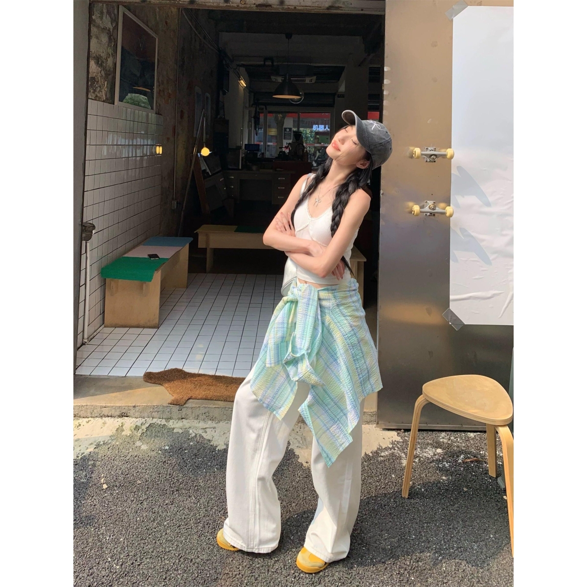 韩系慵懒风宽松防晒薄荷绿格子衬衫女夏季设计感薄款外搭长袖外套