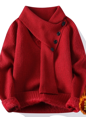 小众设计红色毛衣男围巾领针织衫毛线衣情侣款慵懒风秋冬季加绒