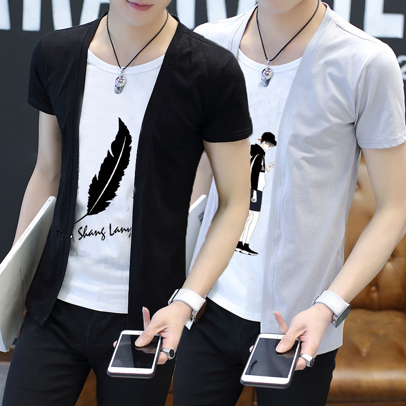 假两件短袖t恤男士夏季纯棉潮牌半袖男款潮流男生非主流体恤上衣