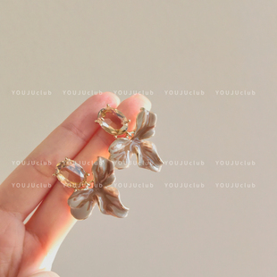 YOUJUclub-杜塞画廊～滴釉复古气质花瓣高级感咖色绿色耳环耳夹女