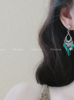 YOUJUclub-青山绿翠~民族风闪钻复古绿色新中式耳环蚊香盘耳夹女