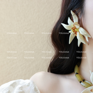 YOUJUclub-向阳花开~夏日森系雏菊白色花朵夸张度假耳环耳夹项链