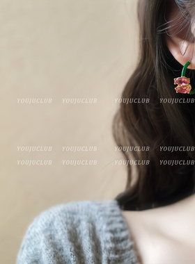 YOUJUclub-美梦回溯 复古显白绿色撞色红色滴釉C形耳环蚊香盘耳夹