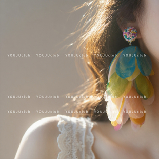 YOUJUclub-风眠~彩色雪纺花瓣波西米亚夸张圆脸耳环蚊香盘耳夹女