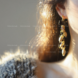 YOUJUclub-芝麻糖苏~木质水晶流苏新中式复古国风耳环蚊香盘耳夹