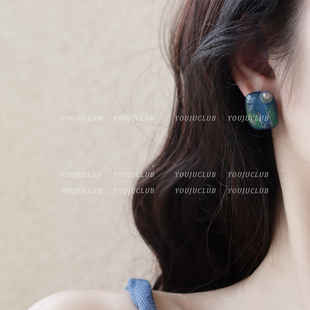 YOUJUclub-人鱼泪 幻彩细闪蓝绿色复古珍珠方形耳钉蚊香盘耳夹女