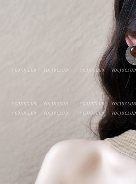 YOUJUclub-迷醉之境~灰色几何圆形树脂棕色新中式耳钉蚊香盘耳夹