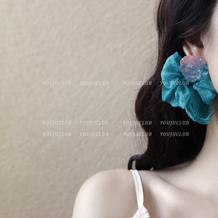 YOUJUclub-蓝粉玫瑰~氛围感蝴蝶结雪纺仙气花朵耳环蚊香盘耳夹女