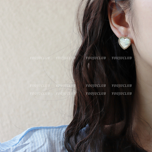 YOUJUclub-撩心 幸运贝母天然贝壳白色爱心闪钻法式高级耳环耳夹