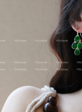 YOUJUclub-落浮光~复古神秘气质女神祖母绿色水滴耳环蚊香盘耳夹