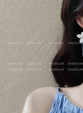 YOUJUclub-凉夏与花 小清新白色花朵蓝色水滴长款耳环蚊香盘耳夹