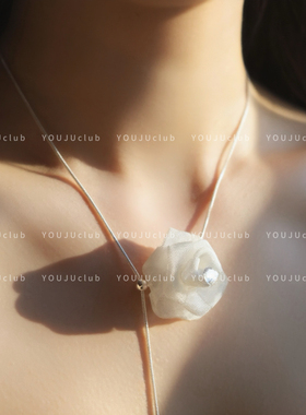 YOUJUclub-气质女一～超仙女白色网纱玫瑰花朵项链长款可抽拉小众
