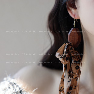 YOUJUclub-沉溺花园~复古木质咖色蝴蝶结飘带长款耳环蚊香盘耳夹