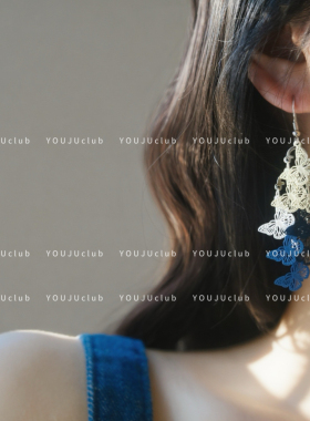 YOUJUclub-蝶影幽梦~艺术白蓝色蝴蝶流苏镂空蝴蝶耳环蚊香盘耳夹