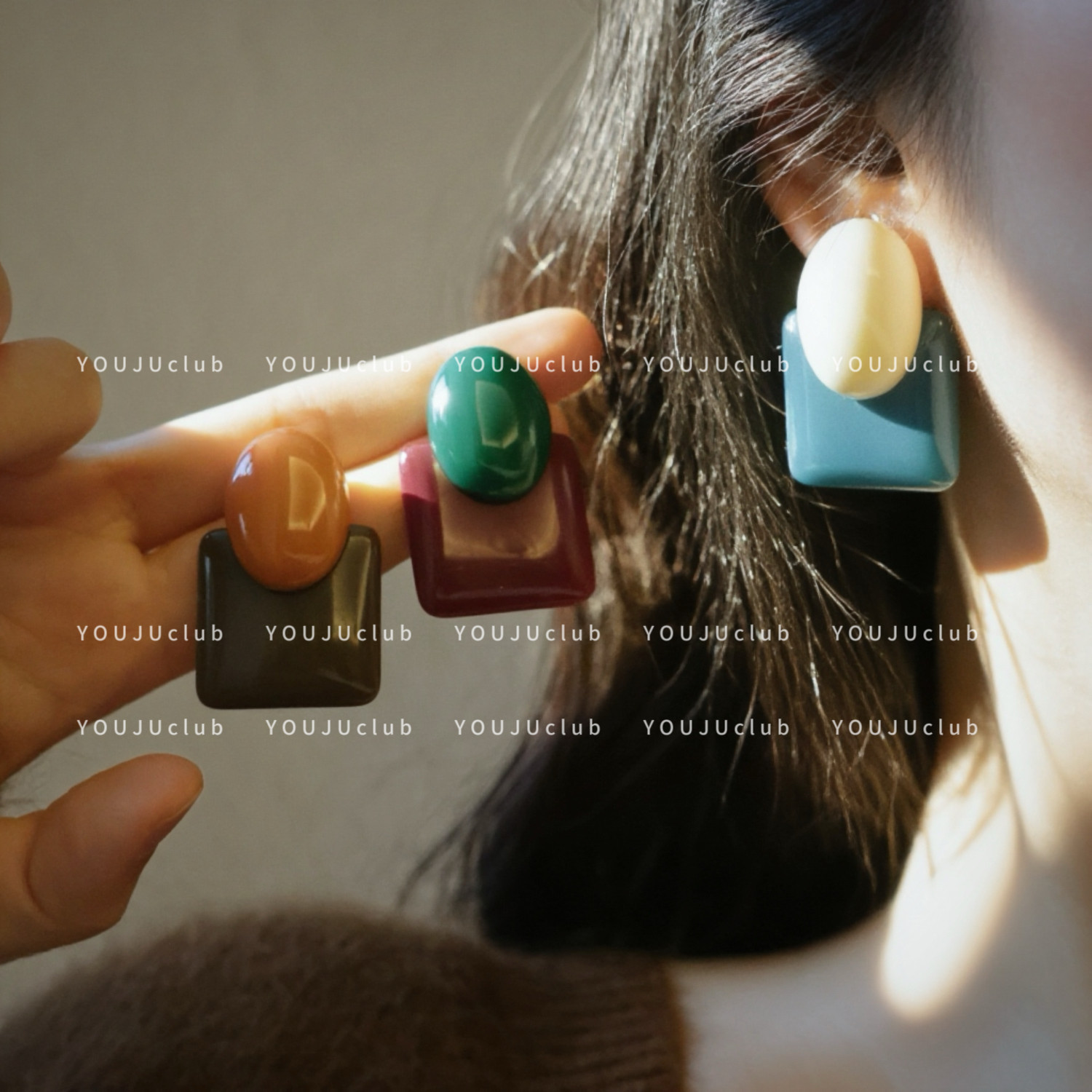 YOUJUclub-慕斯奶糕~几何亚克力复古法式撞色方形耳环蚊香盘耳夹,饰品/流行首饰/时尚饰品新,耳环,淘宝优惠券,粉丝福利购,淘宝优惠卷