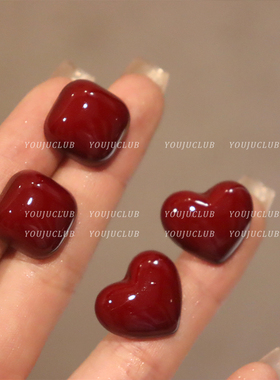 YOUJUclub-浆果红~显白复古爱心方形酒红色气质耳钉蚊香盘耳夹女