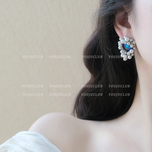 YOUJUclub-绮丽旧梦~幻彩蓝色镶钻珍珠优雅法式高级感耳环耳夹女