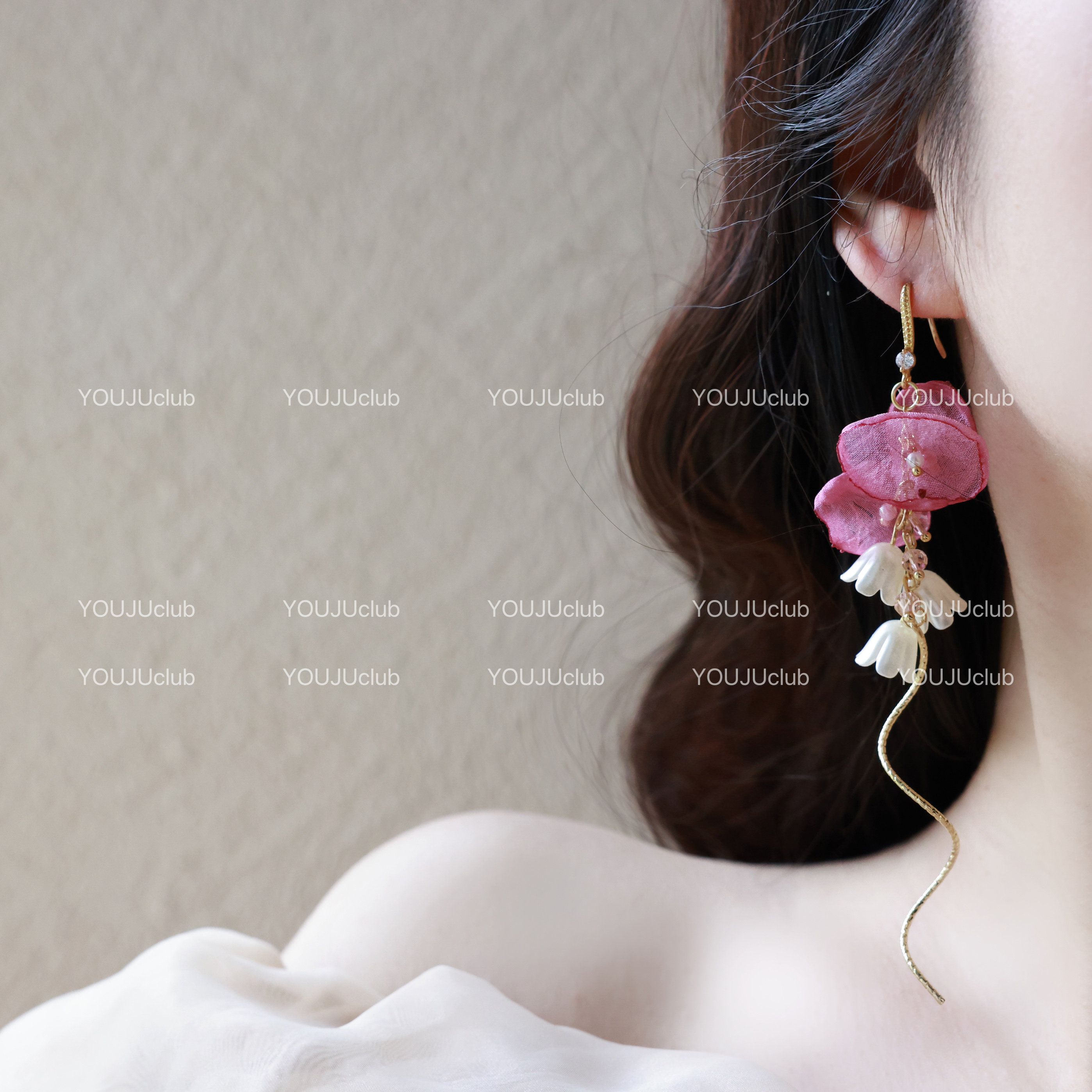 YOUJUclub-花瓣裙摆~粉色耳饰仙气铃兰花朵流苏耳环蚊香盘耳夹女,饰品/流行首饰/时尚饰品新,耳环,淘宝优惠券,粉丝福利购,淘宝优惠卷