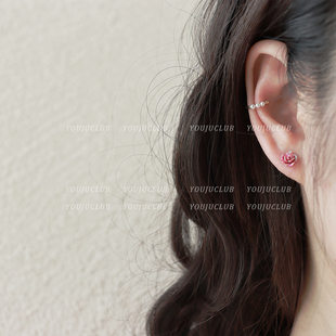 YOUJUclub-心神荡漾 浪漫唯美迷你人鱼姬玫红色玫瑰花朵耳钉耳夹