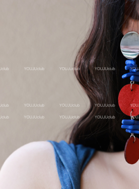 YOUJUclub-三生树语~复古撞色蓝红色夸张氛围感新中式耳环耳夹女