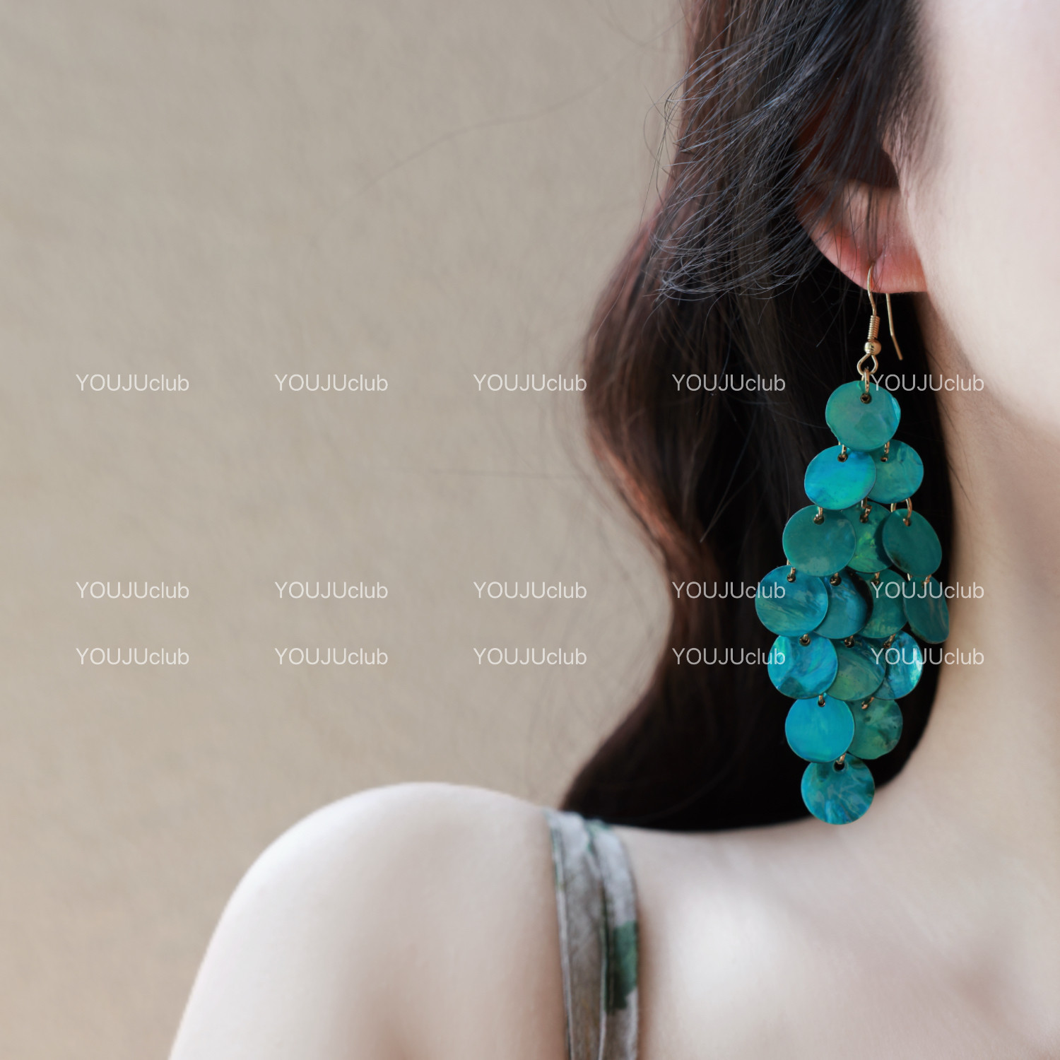 YOUJUclub-温莎城堡~梦幻复古夸张蓝色粉色贝壳耳环蚊香盘耳夹女