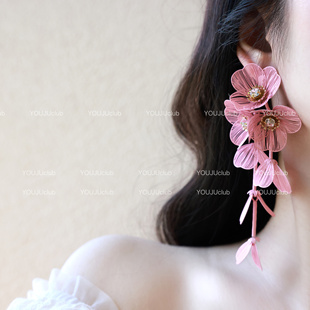 YOUJUclub-海蒂之花~超仙粉色花朵长款度假风高级感夸张耳环耳夹